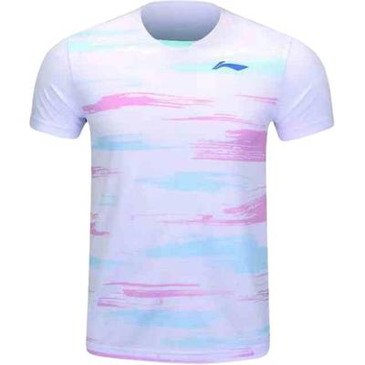Li Ning Logo Rundhals-Pullover Allover-Print Kurzarm Badmintonshirt Unisex-Oberteile Weiß AAYU145-2