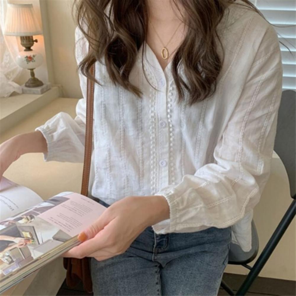New ArriVals Open Run Women White V Neck Long sleeVe Lace Blouse Punching Design