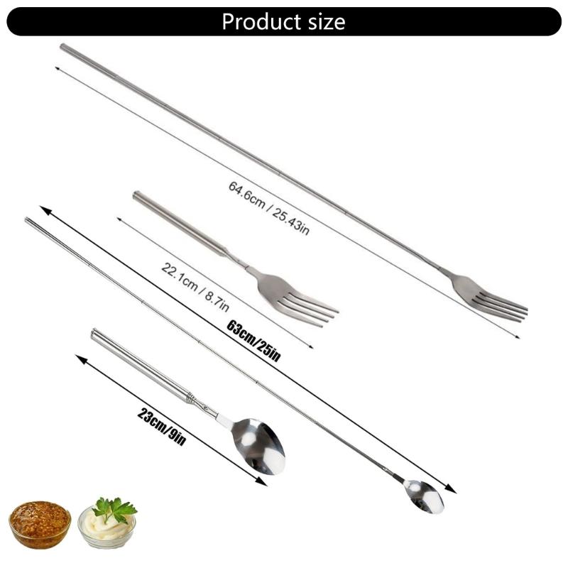 652F 2pcs Stainless Steel Adjustable Forks Spoon Telescopic Long Cutlery Dinning Utensils for BBQ Picnics and Kitchen Use