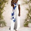 Women Plus Size V Neck Short Sleeve Black Printed Straight Maxi Dress