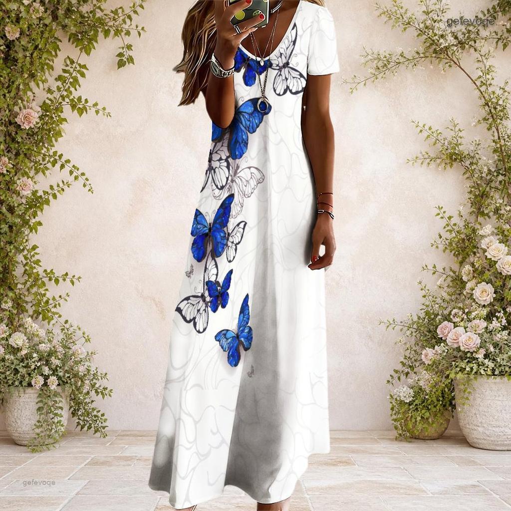 Women Plus Size V Neck Short Sleeve Black Printed Straight Maxi Dress