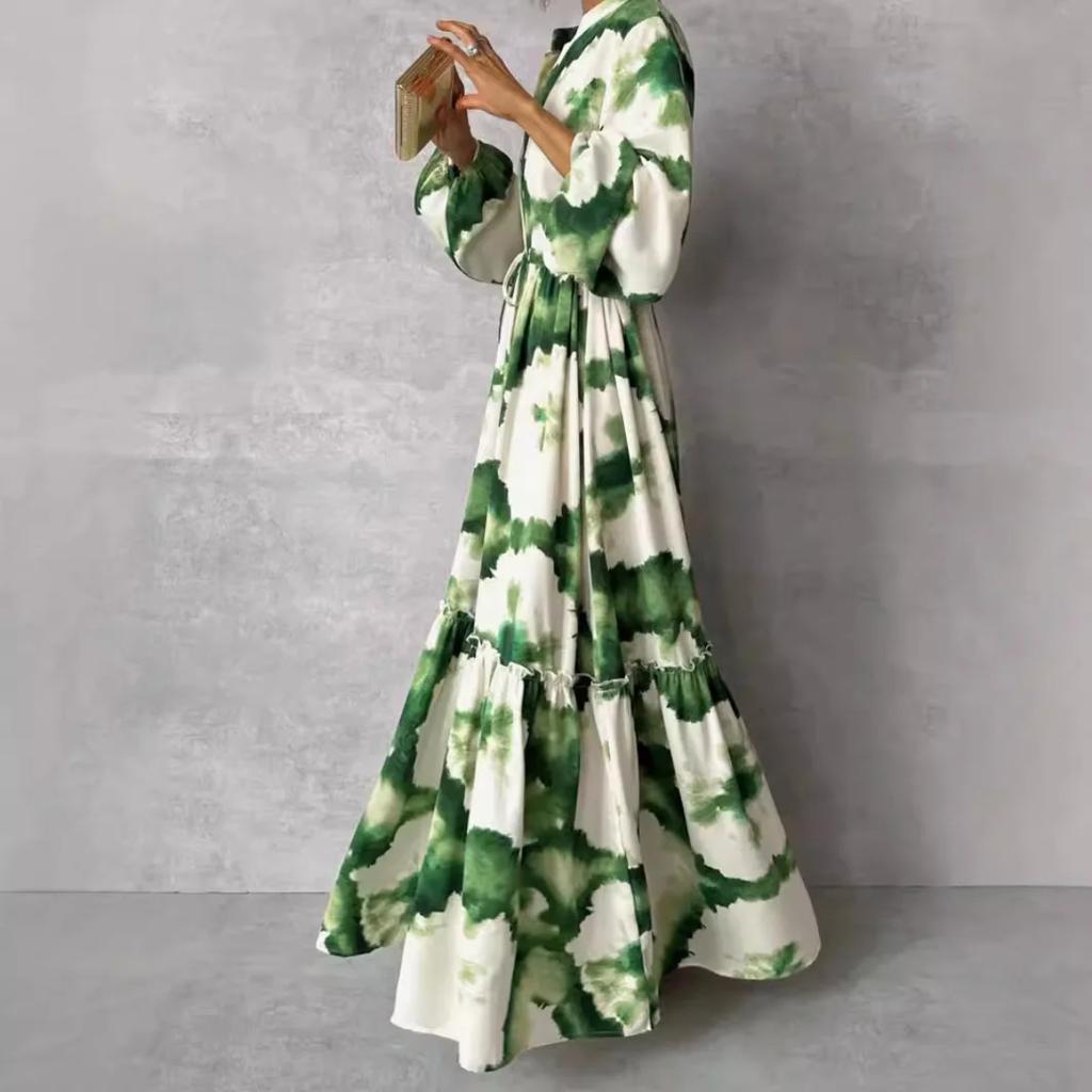 LYRIA Summer Elegant Women Maxi Dresses Fashion Green Print Long Sleeve V Neck Waist Adjustment Long Dress Female Party Vestido
