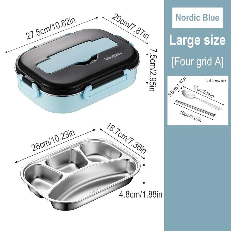 4 Grid Portable Insulated Lunch Box 304 Stainless Steel Office Workers Leakproof Divides Lunch Box Large Capacity Bento Sealed