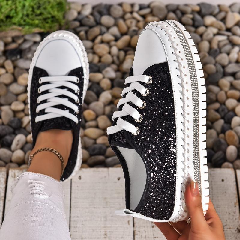 Fashion Women's Sequins Lace Up Casual White Shoes Versatile Thick-soled Non-slip Sneakers Female Fashion Platform Flat Vulcanized Shoes