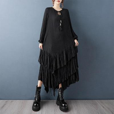 Long Sleeve Plus Size Black Vintage Pleated New In Dresses for Women Spring Autumn Casual Loose Dress