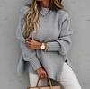2025 Autumn/Winter Women's Chunky Knit Side-Slit Sweater: Semi-High Neck, Loose Fit, Solid Color, Long Sleeve.