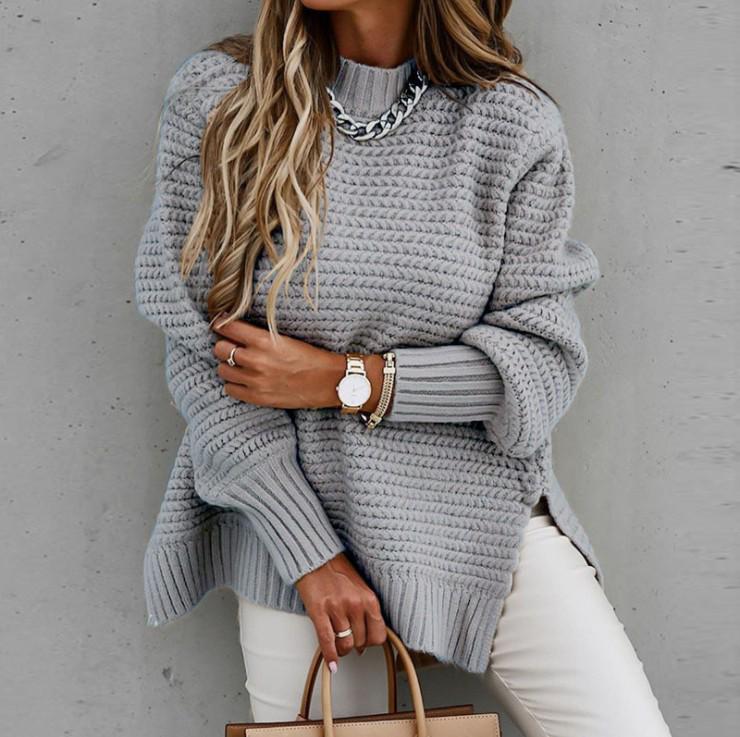 2025 Autumn/Winter Women's Chunky Knit Side-Slit Sweater: Semi-High Neck, Loose Fit, Solid Color, Long Sleeve.