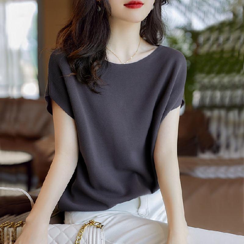 

Женская однотонная трикотажная футболка с коротким рукавом из ледяного шелка Бэтмен Летняя Новинка Тонкий пуловер One size темный кофе