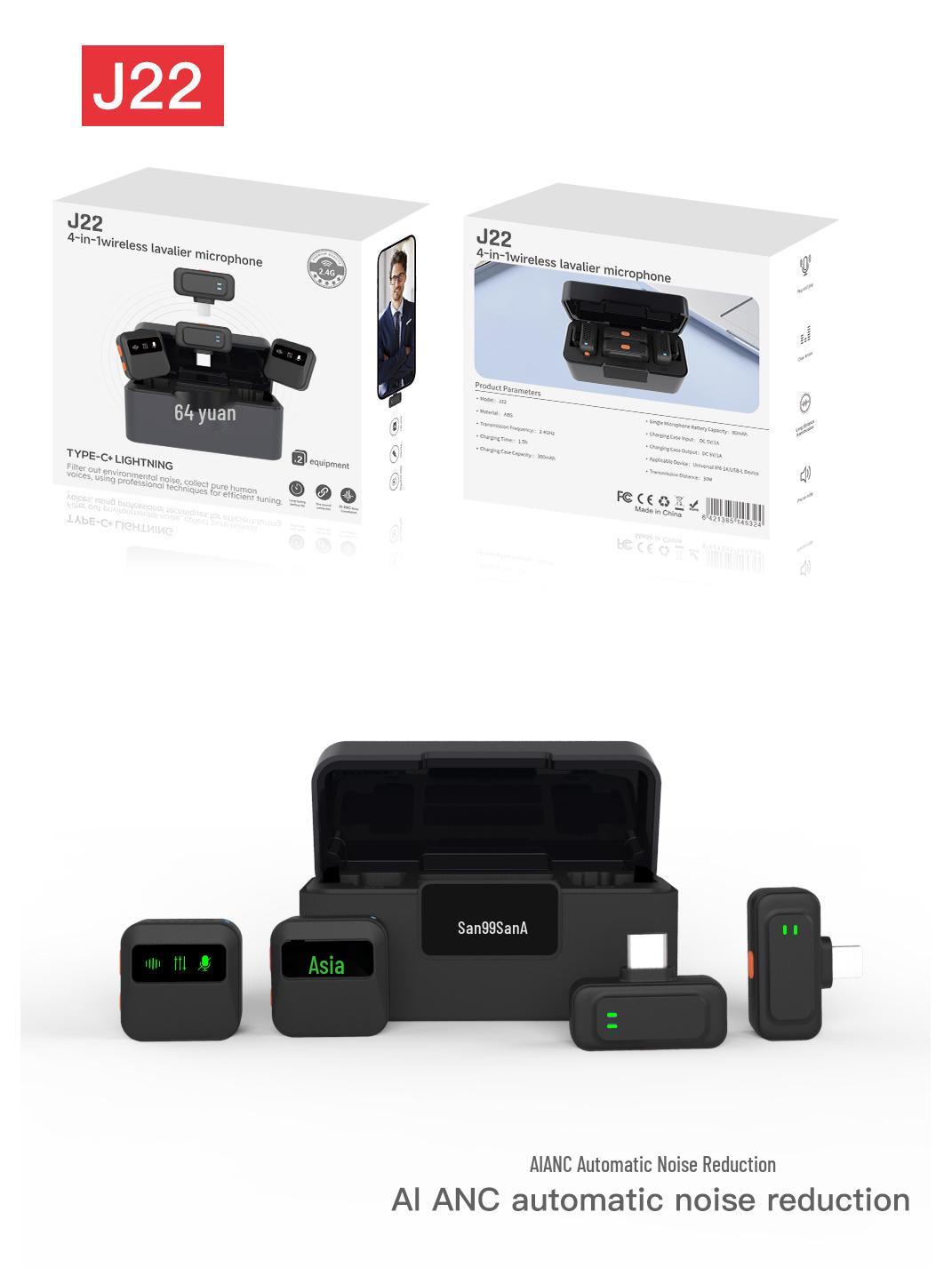 

J33 Wireless Lavalier Microphone with Charging Case & AI Noise Reduction, Digital Display, Dual-Function Button.