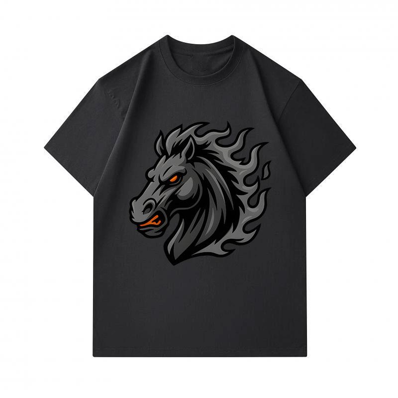 Men's 100% Cotton Crew Neck Short Sleeve T-Shirt, Cool Dark Flame Hell Horse Head Graphic Printed Casual Breathable Summer Tops for Daily Street Wear