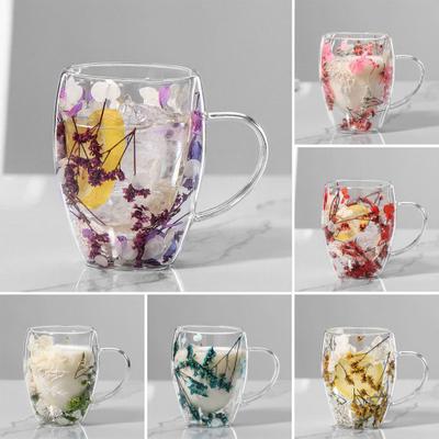 Taza de Café de Vidrio de Doble Pared de 350ML con Flor Seca, Taza de Vidrio Aislante con Asa, Transparente para Espresso
