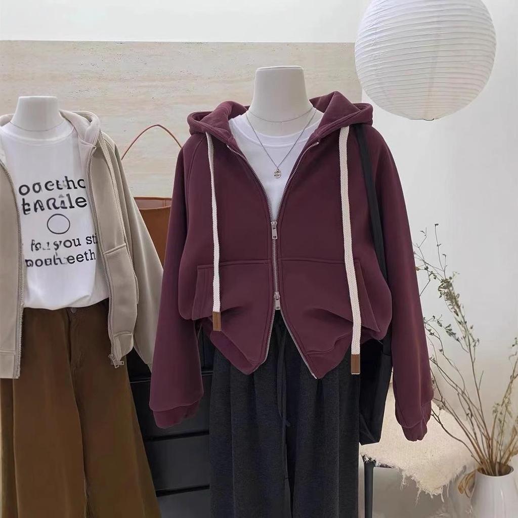 Women's Vintage Fleece-Lined Zip-Up Sweatshirt with Heart Embroidery, Double Zipper, Thick Hood, Loose Fit