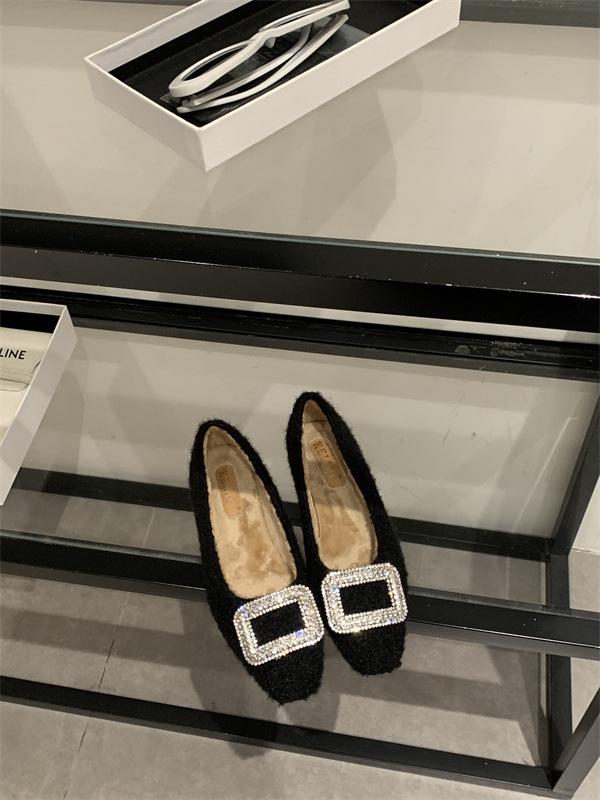 2025 autumn and winter new gentle rhinestone square head velvet bean single shoes fashion fluffy shoes wear cotton ladyshoes