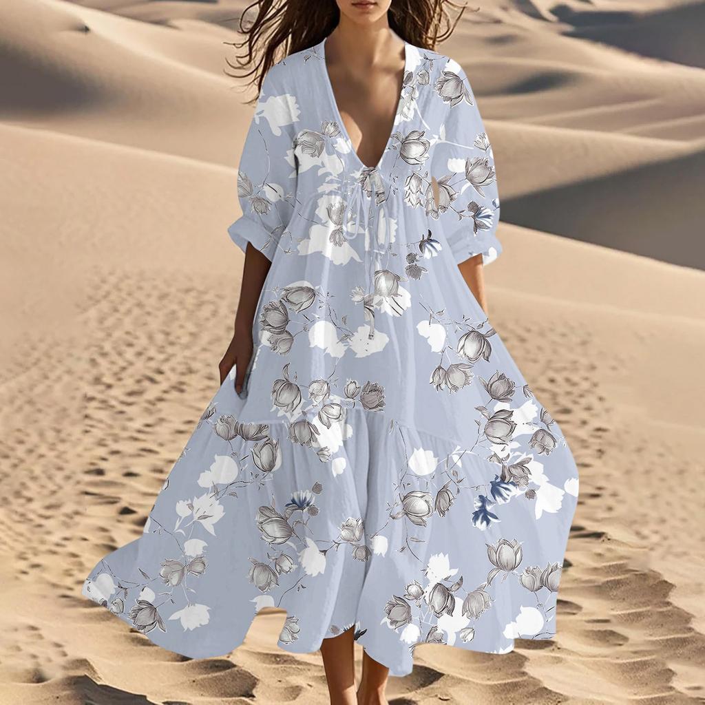 Vestido Largo de Verano para Mujer con Cuello en V, Playa, Estampado Floral Vintage, Encaje con Cordones, Empalme