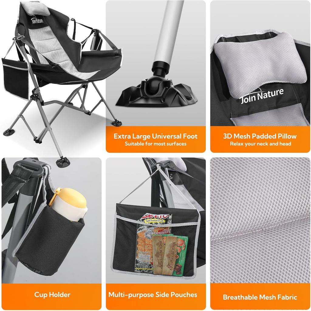 Oversized Folding Hammock Chair, 1-Step Swing Chair with Adjustable Backrest & Headrest, 400LB Support, Black