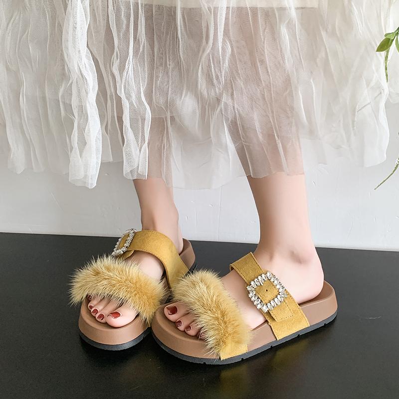 Fashion Women Summer Casual Fluffy Slippers With Fur Flat Non-Slip Fox Fur Furry Slides Large Size Shoes Fur Sandals