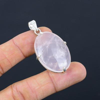 Argent 925 Pierre Quartz Rose Ovale Épouse Chakra du Cœur Anniversaire Nouveau Pendentif Bijou