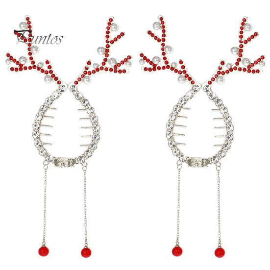 

2 шт. Рождественская заколка для волос в виде оленя, искусственный жемчуг, блестящие стразы, заколка для волос с длинной кисточкой, держатель для пучка в виде конского хвоста, праздничные аксессуары для волос 2pcs