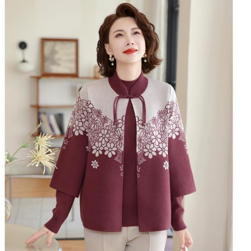 New Chinese women's spring and autumn inner with autumn and winter sweater bottoming shirt mother's autumn suit knitted cardigan two-piece set