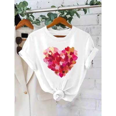 Europäische Größe L Mehrfarbiges Herzmuster Damenmode T-Shirt | 180g Rundhals, Normale Länge, Eleganter Stil, Sommersaison