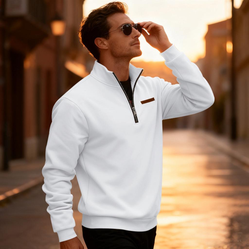 Men's Casual Loose Solid Color Outdoor Fleece Half Zip Stand Up Collar Pullover Hoodie