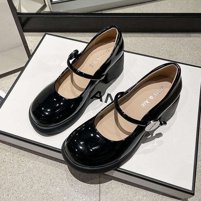 Patent Leather Round Head Mary Jane Shoes Women's Spring and Summer Comfortable Thick Heel Light Mouth Single Shoes High Heel One Word with Shoes
