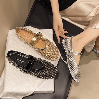 Fashion Mesh One-word Buckle Ballet Shoes Mary Jane Shoes Flat-soled Flash Diamonds New 2025 Breathable Single Shoes Women's Shoes