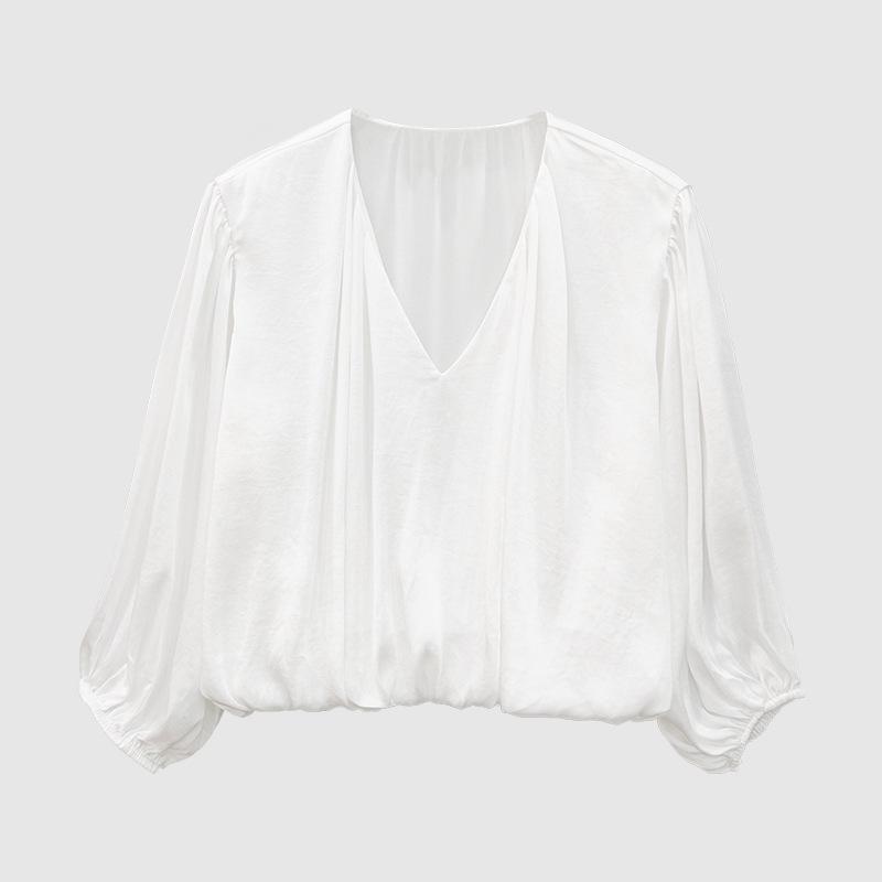 

2026 Summer Women s White V-Neck Puff Sleeve Cinched Waist Cropped Shirt Extra Large белый