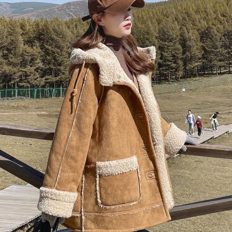 Imitation suede fur integrated lamb fur coat women's winter new velvet thickened hooded cotton clothes