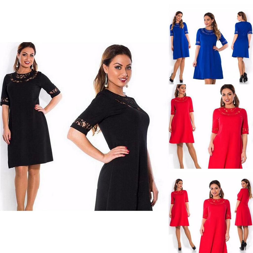 Women Round Collar Plus Size Pure Color Dress With Comfortable Cotton Blend Fabric
