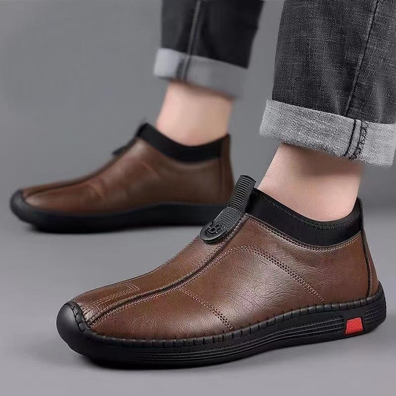 Nové pánské kožené boty, pánské business casual měkké kožené boty s měkkou podrážkou, návleky na nohy pro střední a starší otce, sametové teplé pánské boty