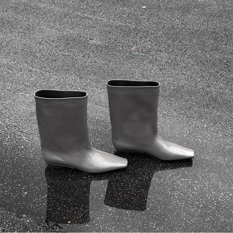 Koreanische Stil Niedrige Ferse Rindsleder Mittelhohe Reitstiefel für Damen - Herbst/Winter Edition 36 grau