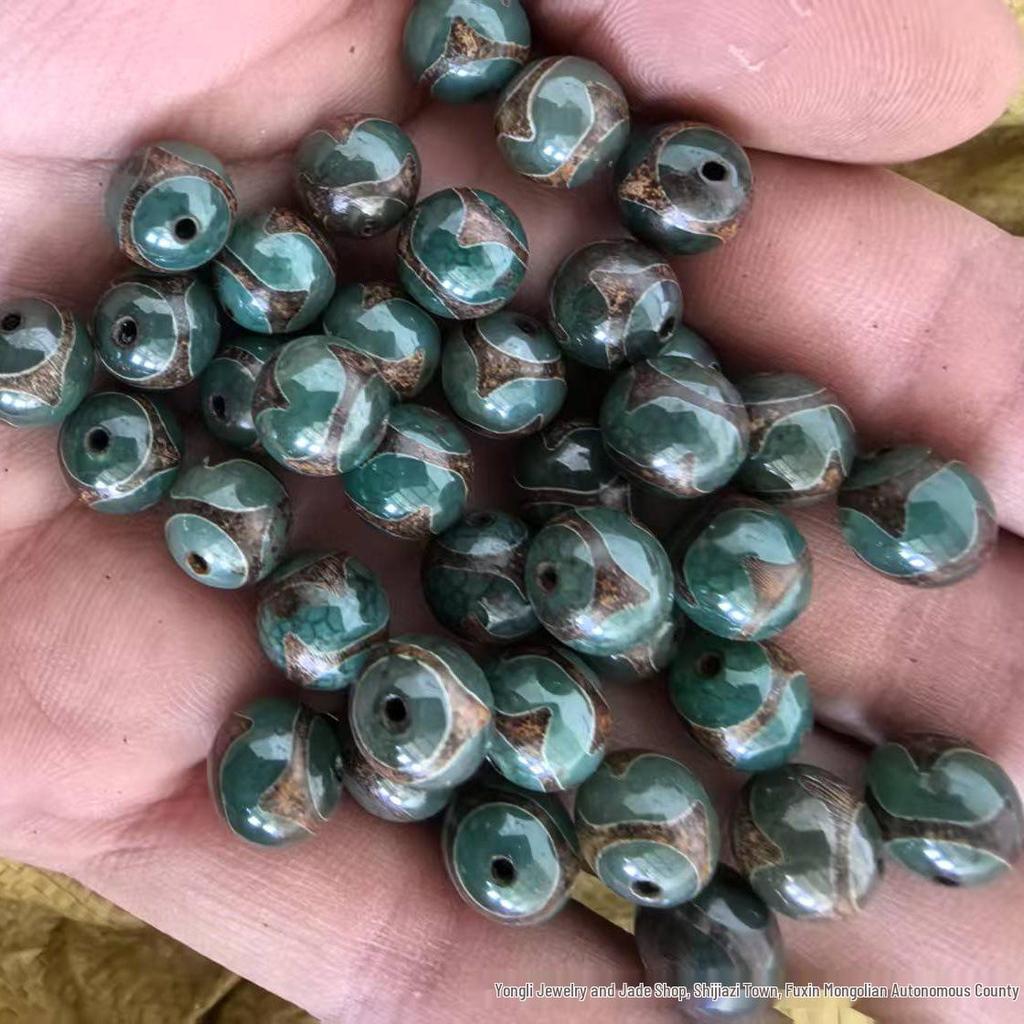 Natural 10mm Green Tiger Tooth Tibetan Dzi Agate Beads - Loose Accessories