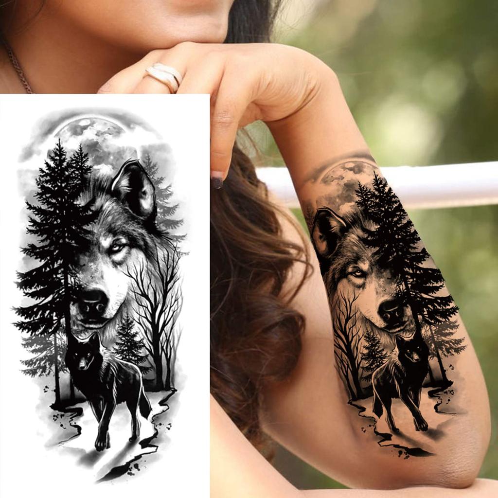 1 Sheet Wolf Lion Tiger Fake Temporary Tattoos For Man Women Adults Skull Black Warrior Tattoo Sticker Animals Sleeve