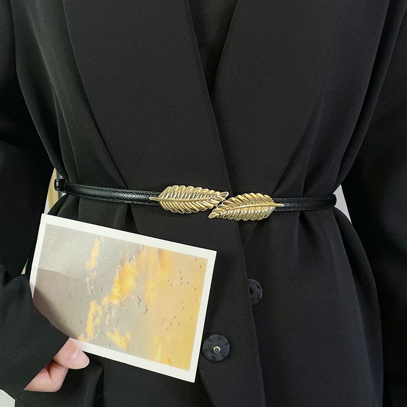 

Elegant Pu Womens Belt For Dresses Featuring Stylish Leaf And Pearl Designs LeafBlack