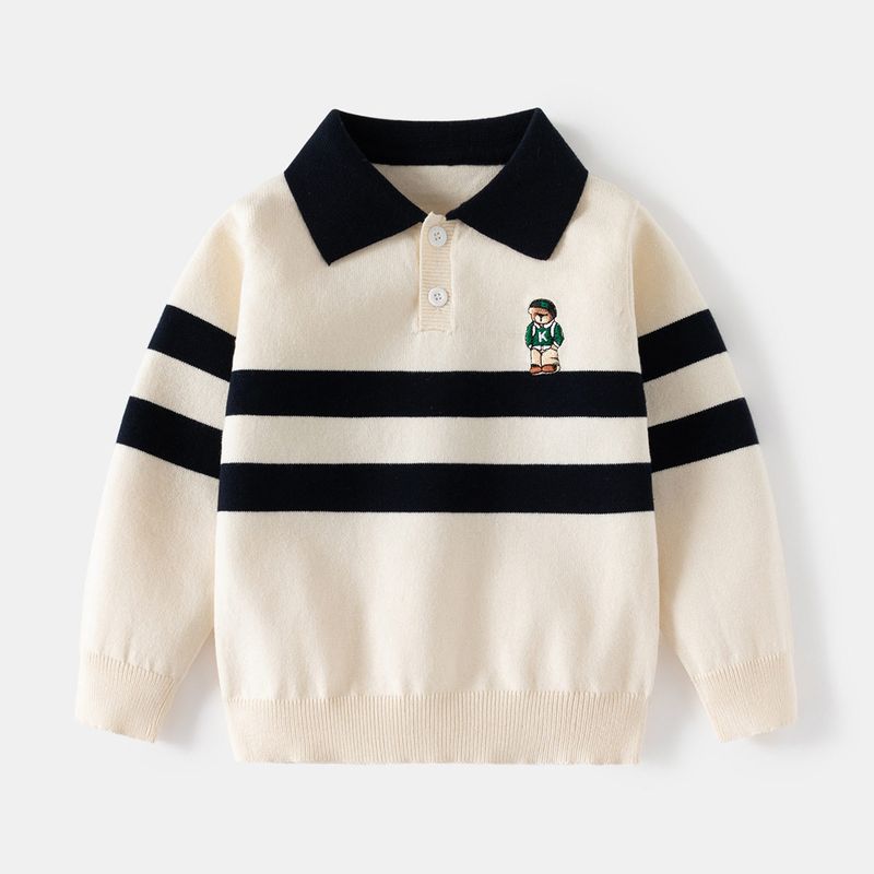 Children s Clothing Spring and Autumn Boys Polo Collar Stripes Sweater Children s Polo Shirt Cartoon Bear Cotton Knitwear Baby Boys Knitwear Off-White 110 cm