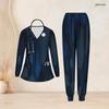 Women Plus Size Printed Dark Blue Nurse Scrub Set V Neck Long Sleeve Pockets Top Long Pants Two Piece
