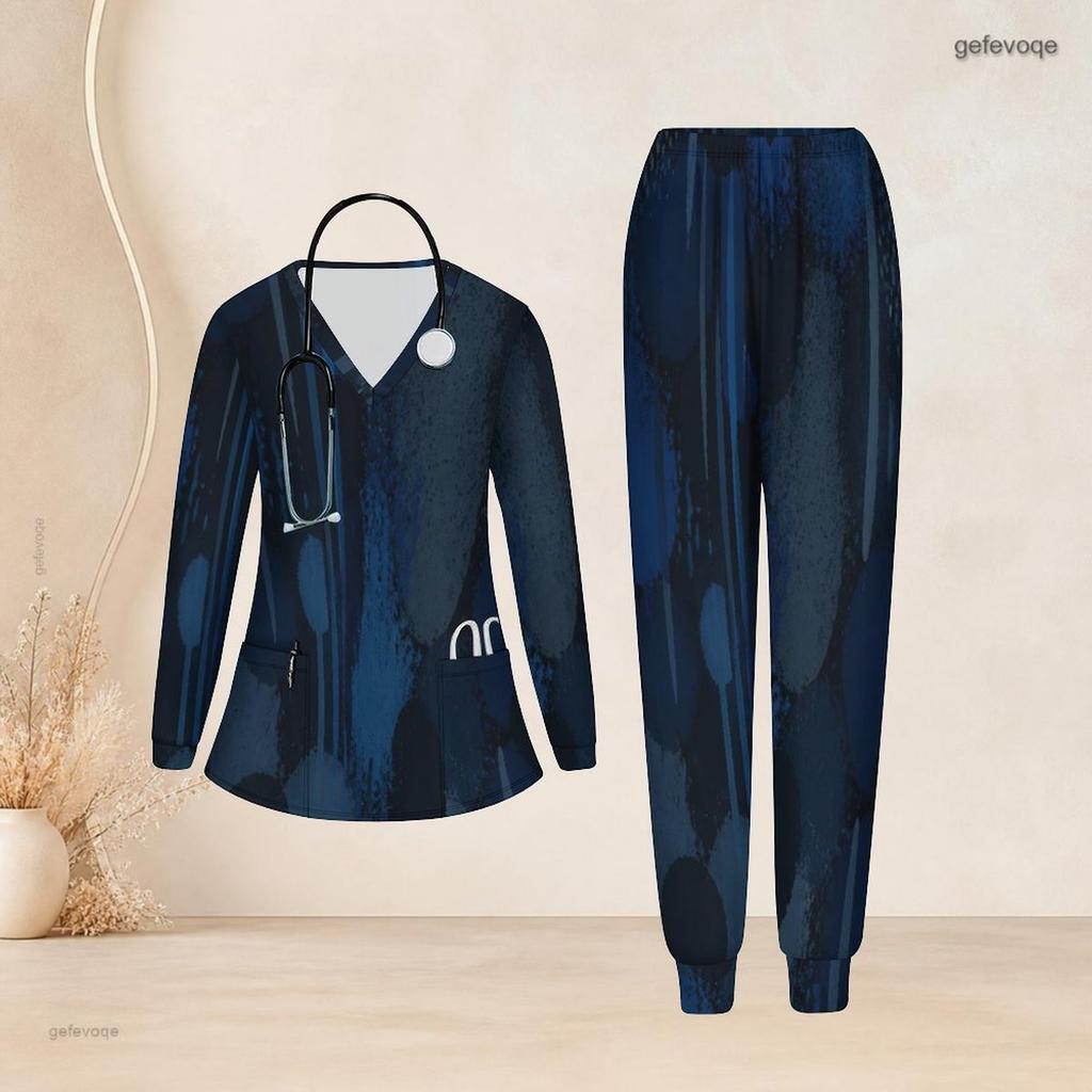 Women Plus Size Printed Dark Blue Nurse Scrub Set V Neck Long Sleeve Pockets Top Long Pants Two Piece