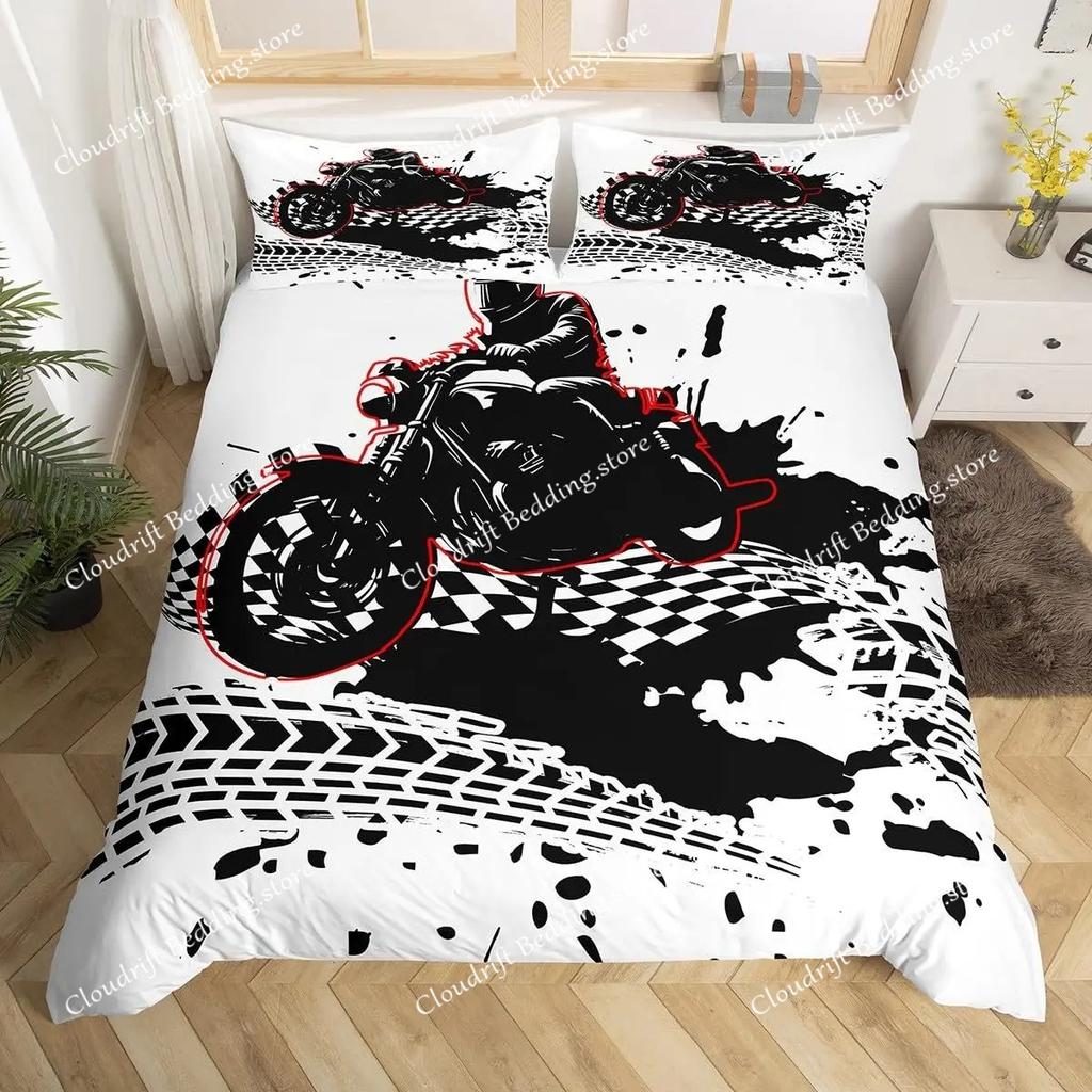 Dirt Bike Comforter Cover, Sports Biker Motocross Racing Theme Duvet Cover Set For Teen Boys Decorative Bedding Sets