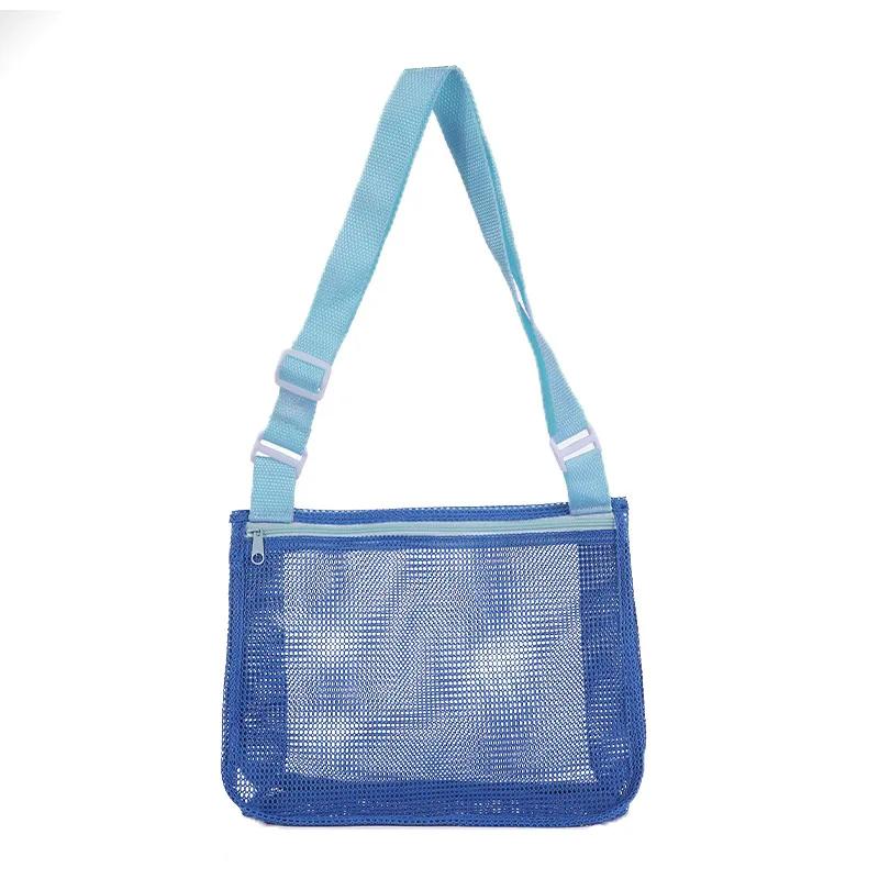 Mesh Beach Bag for Kids Toy Organizer Net Zipper Adjustable Shoulder Strap Storage Pouch Child Shell Collecting Bag Round Bucket