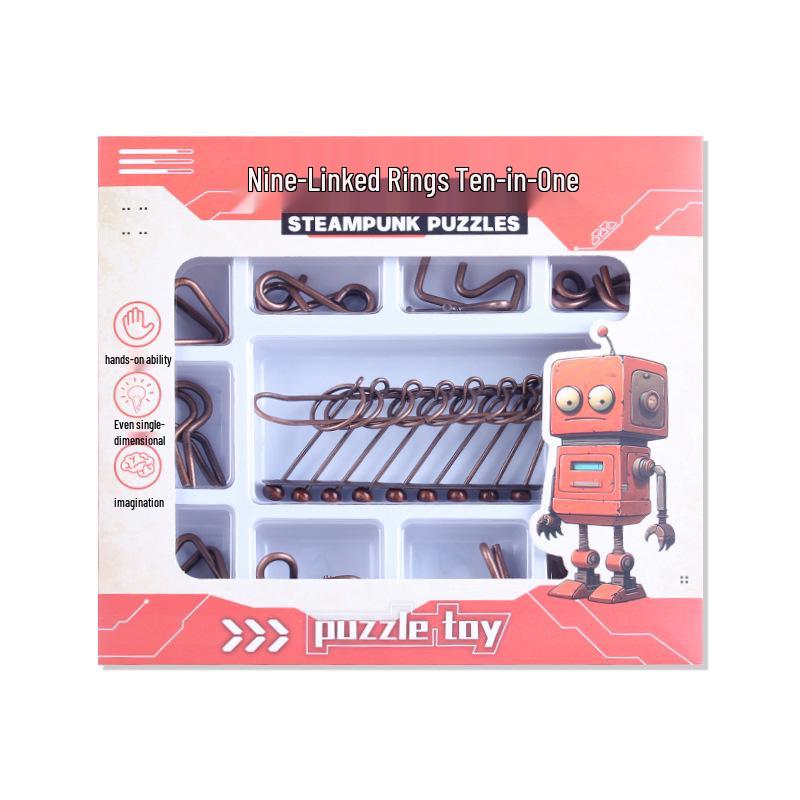 Steampunk-Style Nine-Link Ten-in-One Metal Puzzle Toy for Kids