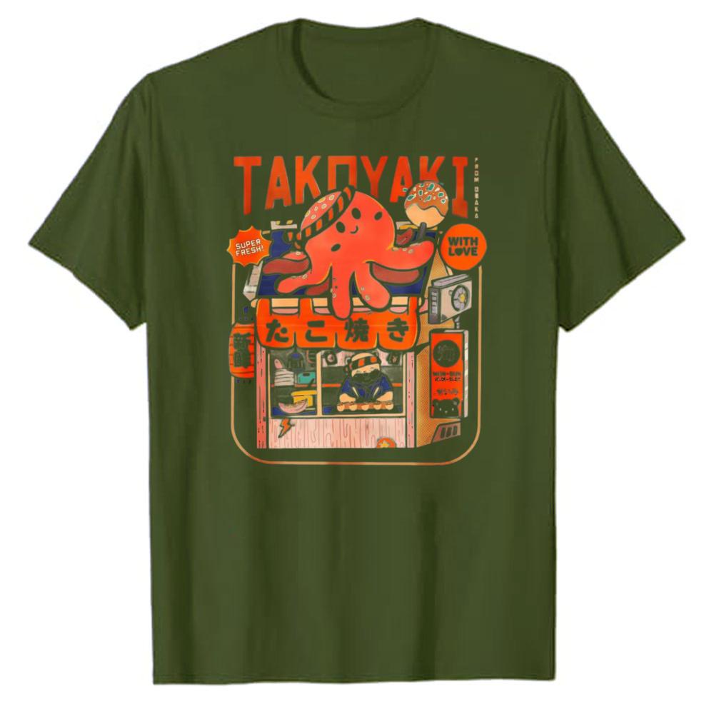 Vintage Takoyaki Japanischer Essensstand Oktopus Grafik T-Shirt Retro Anime Stil Baumwolle Locker Streetwear Lässig Unisex Tägliche Oberteile