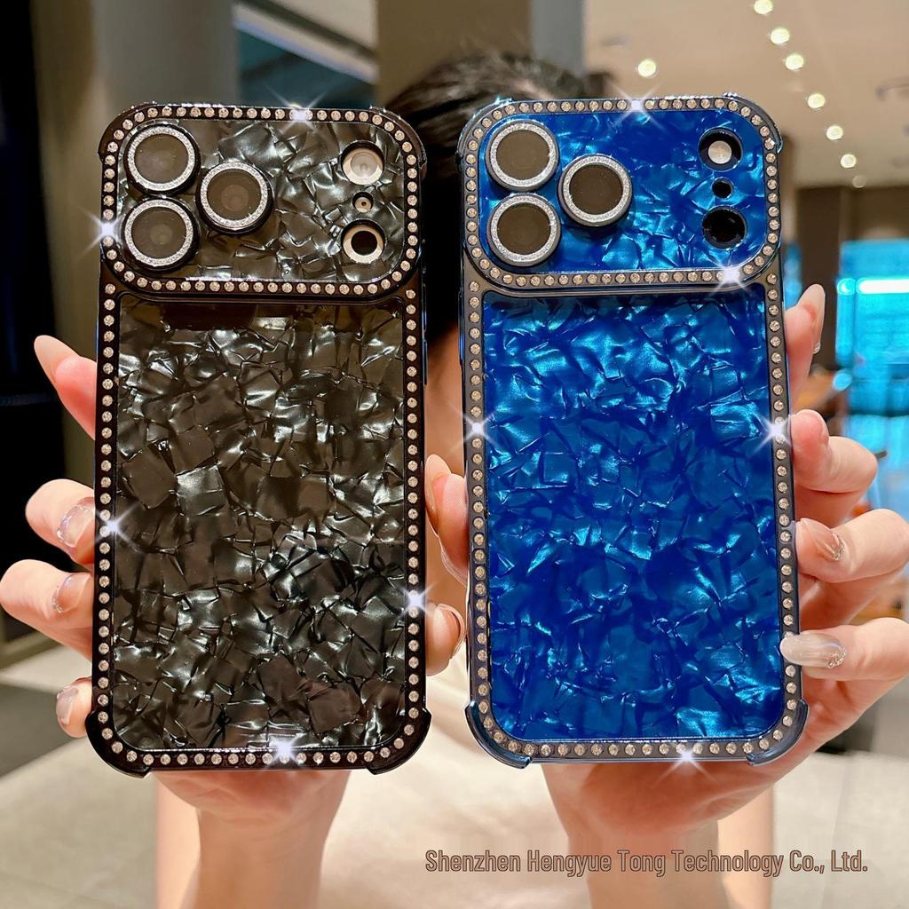 Square Rhinestone Shell Texture Phone Case for iPhone 16/17 Pro Max