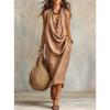 Women Casual Loose Cowl Neck Sleeveless Solid Color Long Swing Vacation Dress