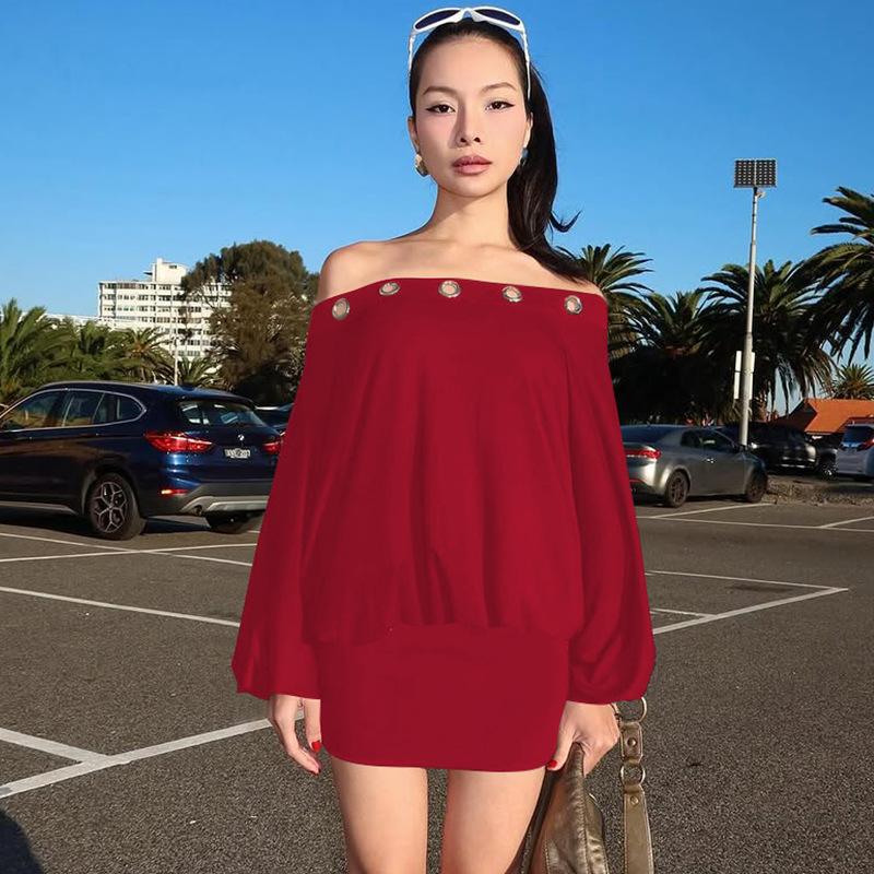 Women European Style Solid Color Off Shoulder Hollow Out Long Lantern Sleeve Sexy Mini Dress S