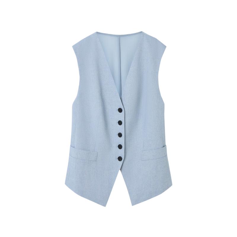 LANCY Women s Elegant Blue Linen V-Neck Vest L
