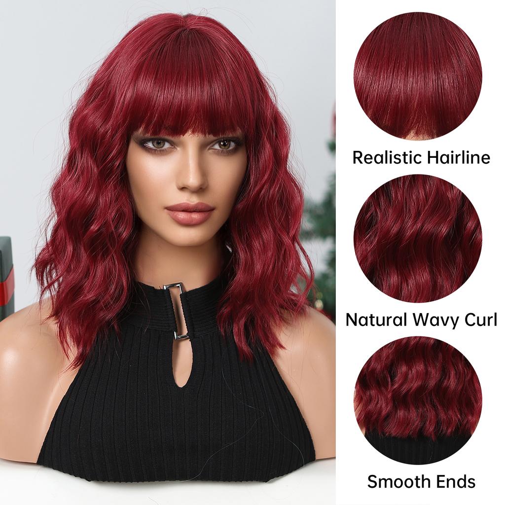 Short Wavy Wine Red Synthetic Wigs for Women Curly Lolita Wigs With Bangs Shoulder Length Wigs Natural Looking Daily Cosplay