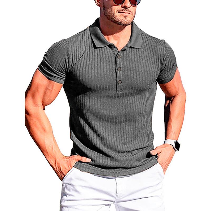 Men's Running Sports Gym Wear Summer High Stretch Vertical Strip Short Sleeve POLO Shirt Slim Fit Knit Base Layer