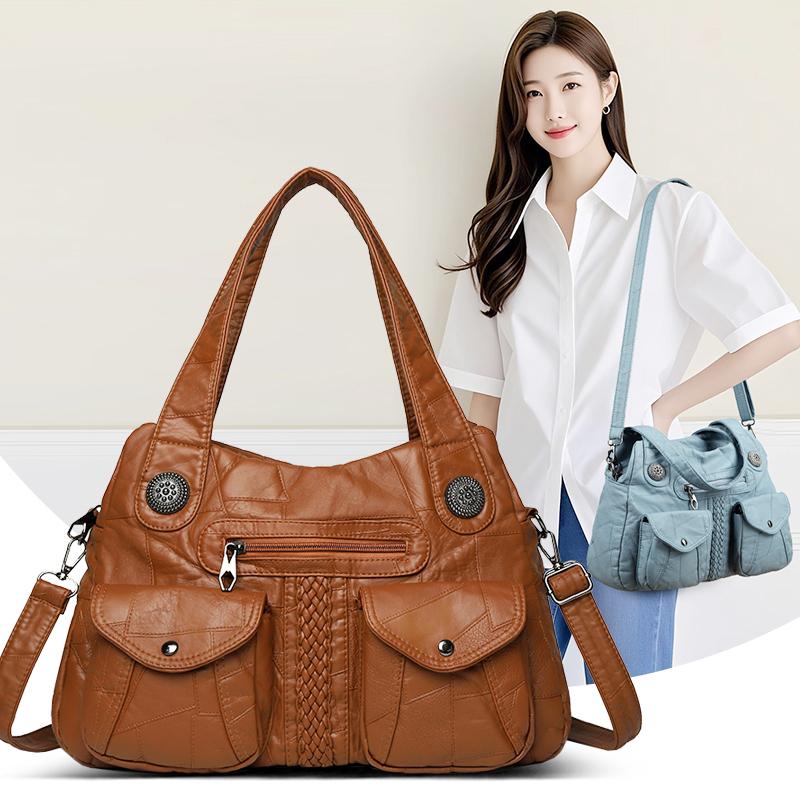Women's Brown Textured Leather Hobo Bag Braided Detail Multi-Pocket Crossbody Shoulder Bag Fashion Casual Daily Handbag