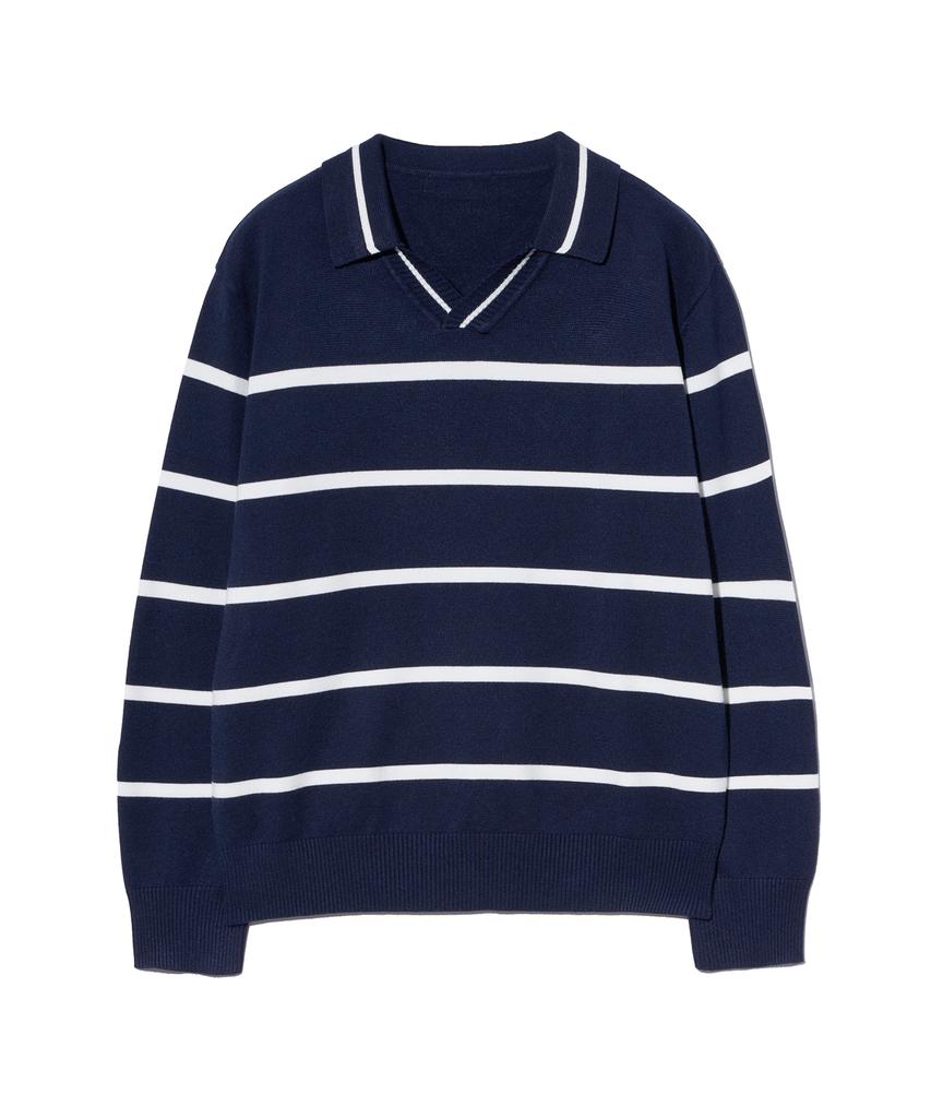 IRONYPORNO WHITELINE 86-Iroj365 Open-Neck Striped Long-Sleeve Knit Blue